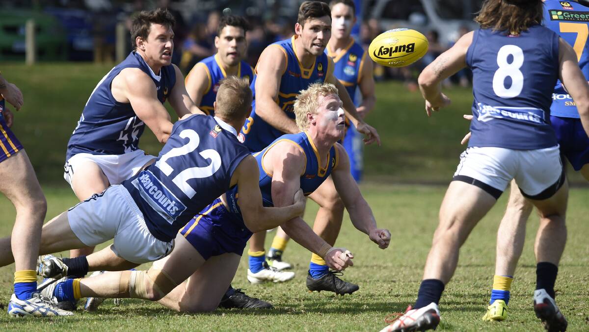 Blair Bell, pictured in the thick of the contest, was outstanding for South Mandurah. Photo: Richard Polden.