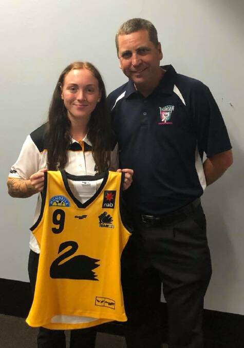 Sabreena Duffy, pictured with Thunderbirds youth girls coach Steve Markham, will captain the WA state under 18s side. Photo: Facebook/Peel Thunderbirds.