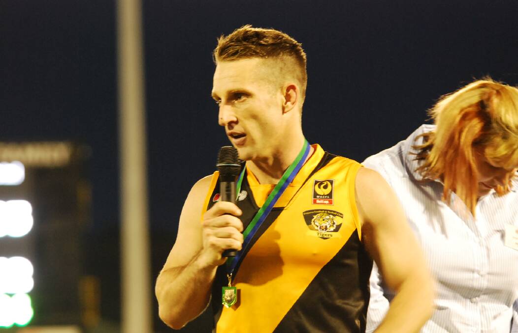 Rory O'Brien speaks after taking out the best-on-ground medal. Photo: Gareth McKnight.