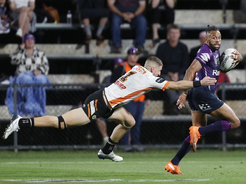 Tigers target Josh Addo-Carr scored two tries in the Storm's comfortable 50-22 round 19 win.