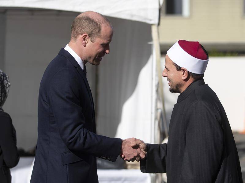 Prince William greeted by Imam Gamal Fouda at the Masjid Al Noor in Christchurch.