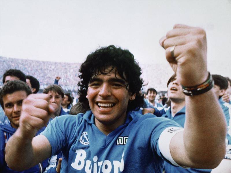 Diego Maradona celebrates the 1987 Serie A triumph for Napoli, where he is still revered.