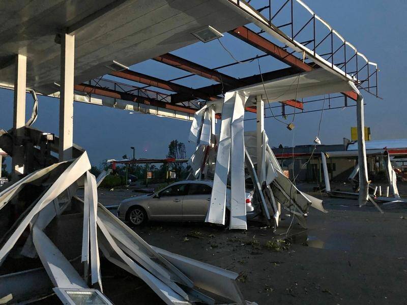 A smashed service station in Jefferson City, Missouri, after a destructive tornado touched down.