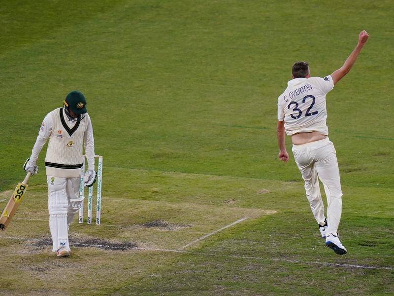 Usman Khawaja (30) was out to Craig Overton as Australia A struggled against England Lions.
