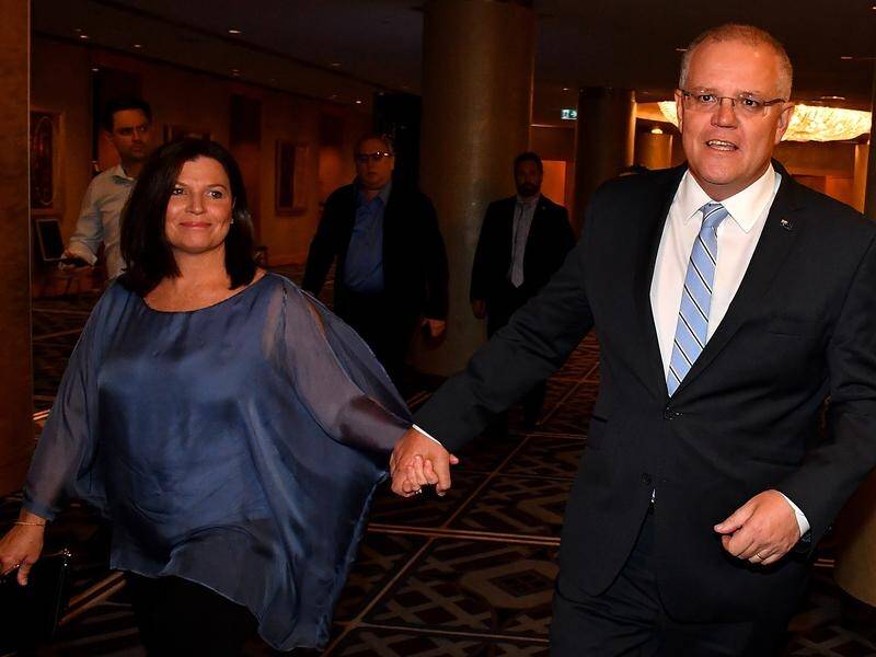 Prime Minister Scott Morrison and his wife Jenny celebrate the coalition win in NSW.