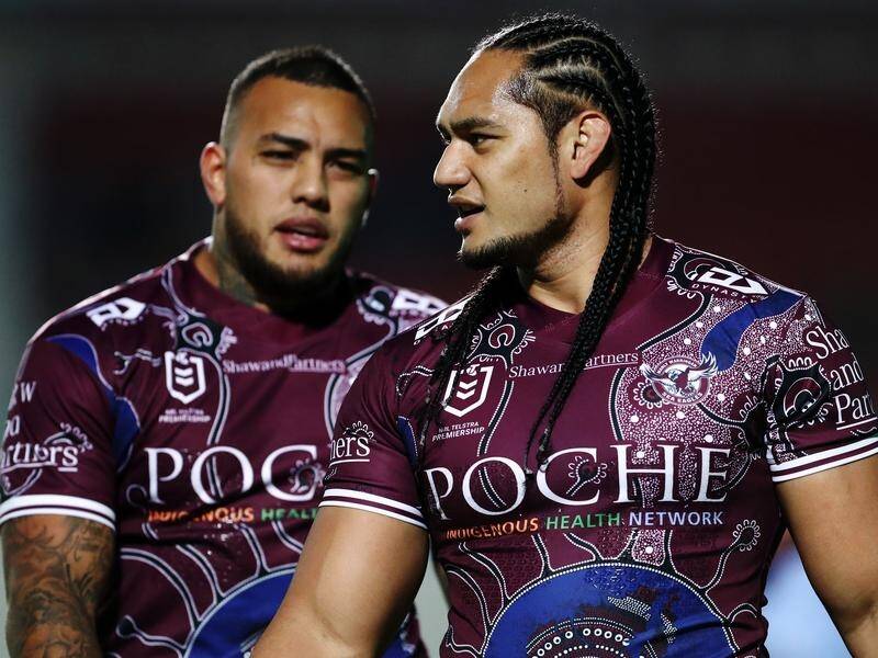 Addin Fonua-Blake (l) faces a spell on the NRL sidelines but Martin Taupau should be OK for Manly.