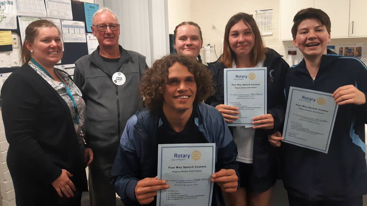 Left to right: Head of Humanities of Social Sciences (HASS) at Pinjarra Senior High Kelly Bain, Adrian Fawcett of Rotary Pinjarra, and students Joseph Anderson, Kyla French, Maria Ruocco and Emily Watson. 