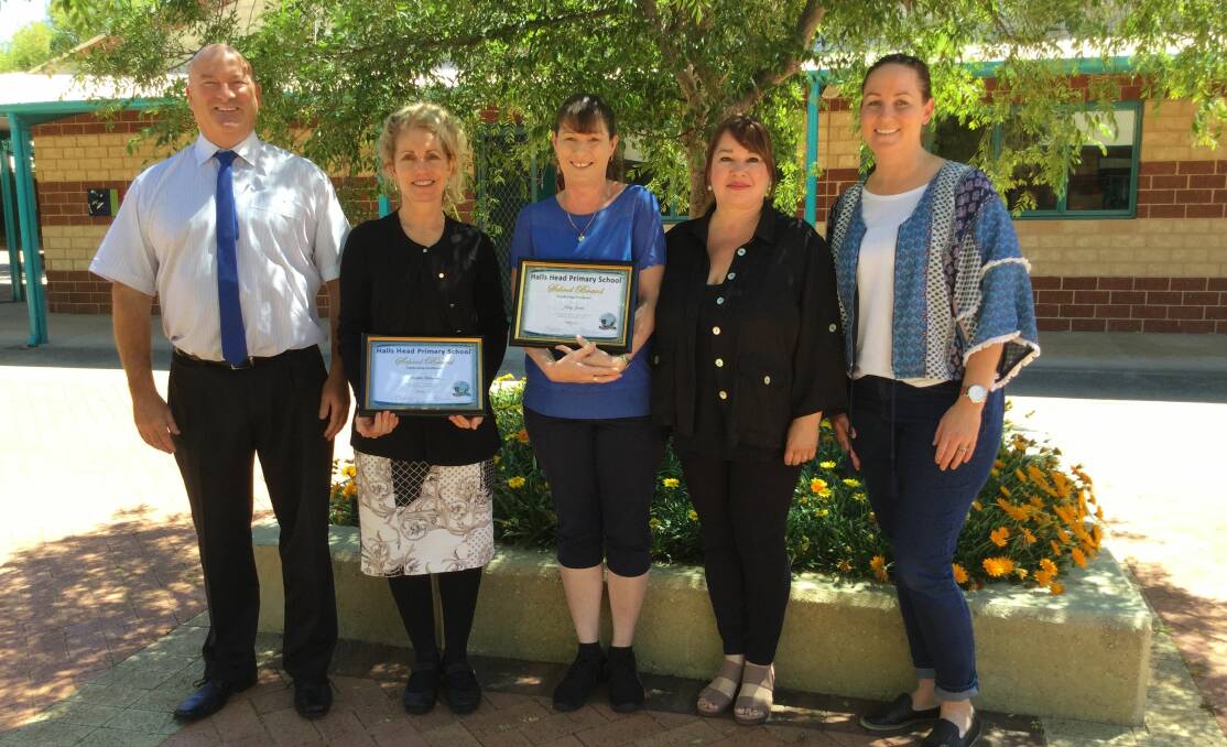 AND THE AWARD GOES TO: Halls Head Primary School board award winners Nardine Sheridan and Nicky Jones are joined by the school's principal Peter Beckingham, as well as Jenny Salkild and Kristy Stewart. Photo: Supplied