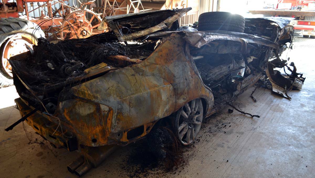 A Ford Falcon that was destroyed by fire in a fatal crash in Collie. Photo: WA Police. 