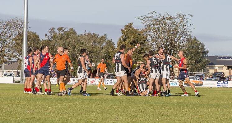 A number of players from Carey Park and Busselton were involved in an on-field fight late in the fourth quarter. Photo: Ashley Pearce. 