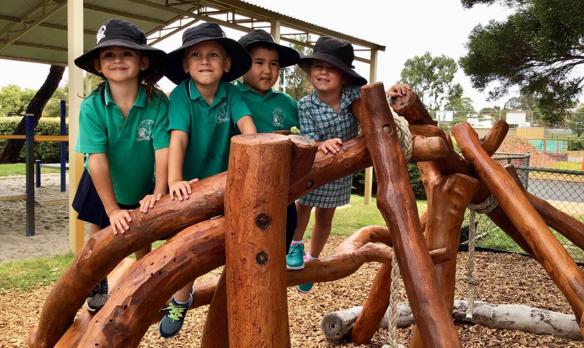 New nature play garden: Sophia Thomas, Jarvis Balding, Harry Hale and Stella Fiorito enjoy the new equipment at Halls Head Primary School. Photo: Supplied.