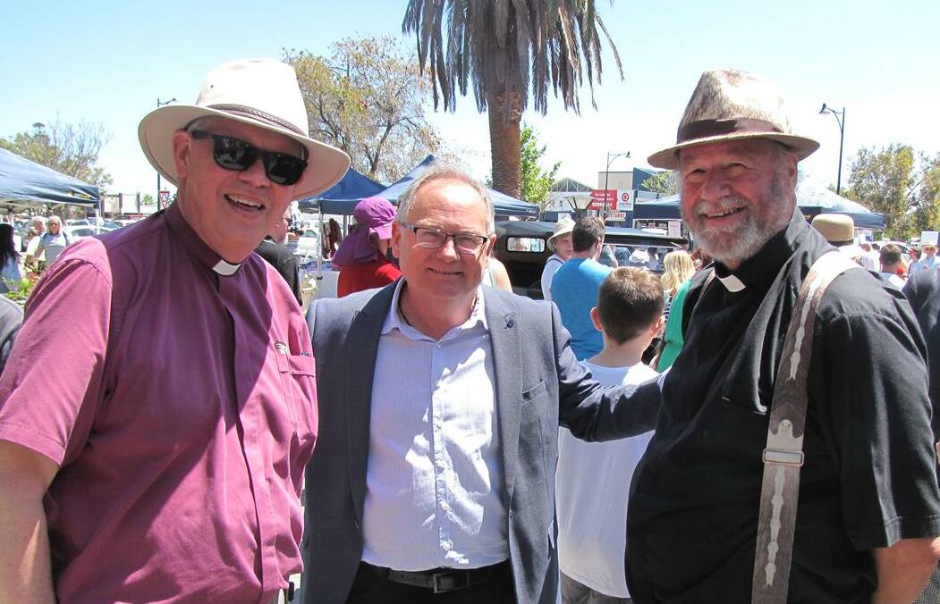 Birthday celebrations: Bishop Ian Coults, MP David Templeman and Fr Ian Mabey. Photo: Supplied.