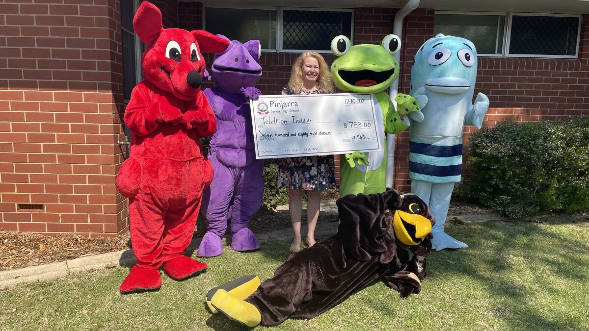 Great cause: House mascots with Pinjarra Senior High School's principal, Jan Stone. Photo: Supplied.