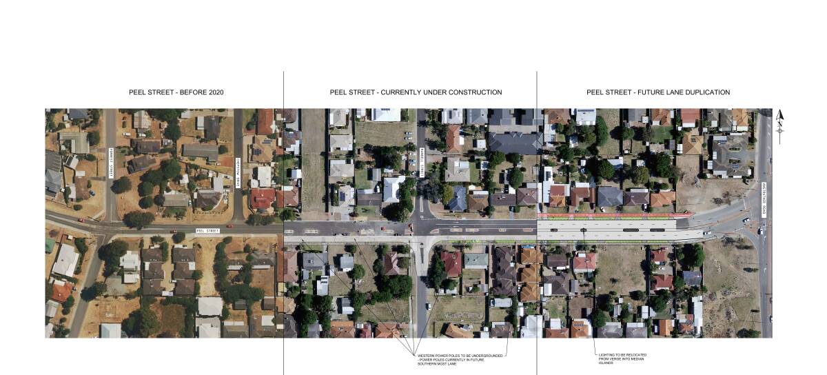 Big picture: This image shows the progression of the Peel Street upgrades which puts the recent roadworks into perspective. Photo: City of Mandurah.