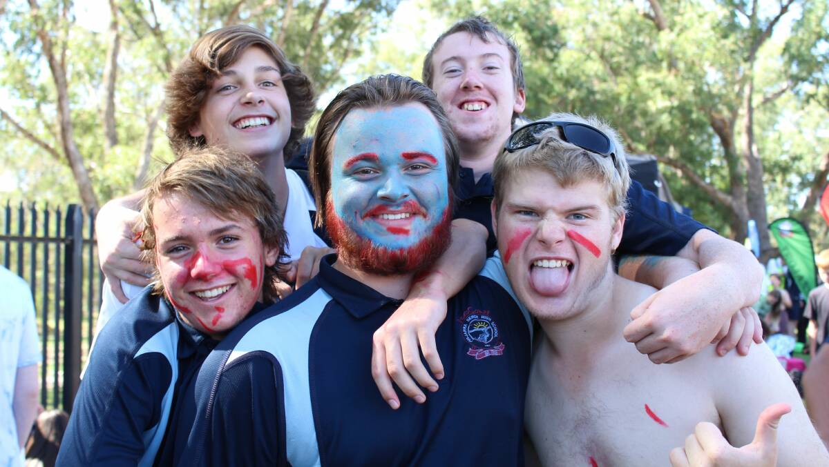 Friendly rivalry: Zac Pember, Braydon Gliddon, Thai O'Driscoll, Adrian Brown and Chade Woodhouse get into the spirit of things at Pinjarra Senior High School's swimming carnival. Photo: Supplied.