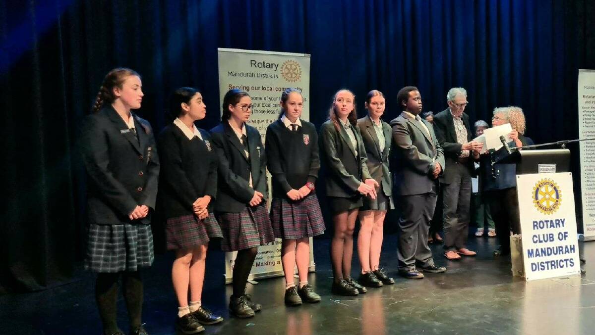Isabella Rae from Mandurah Baptist College, Hannah Kennedy from Foundation Christian College (runner-up), TJ Towoda from FCC (winner), Kayla Tompsitt from FCC, Shania Bird from FCC, Bronte MacDonald from Halls Head College and Clara Clarke from HHC with Peter Anderson and Be Westbrook.
