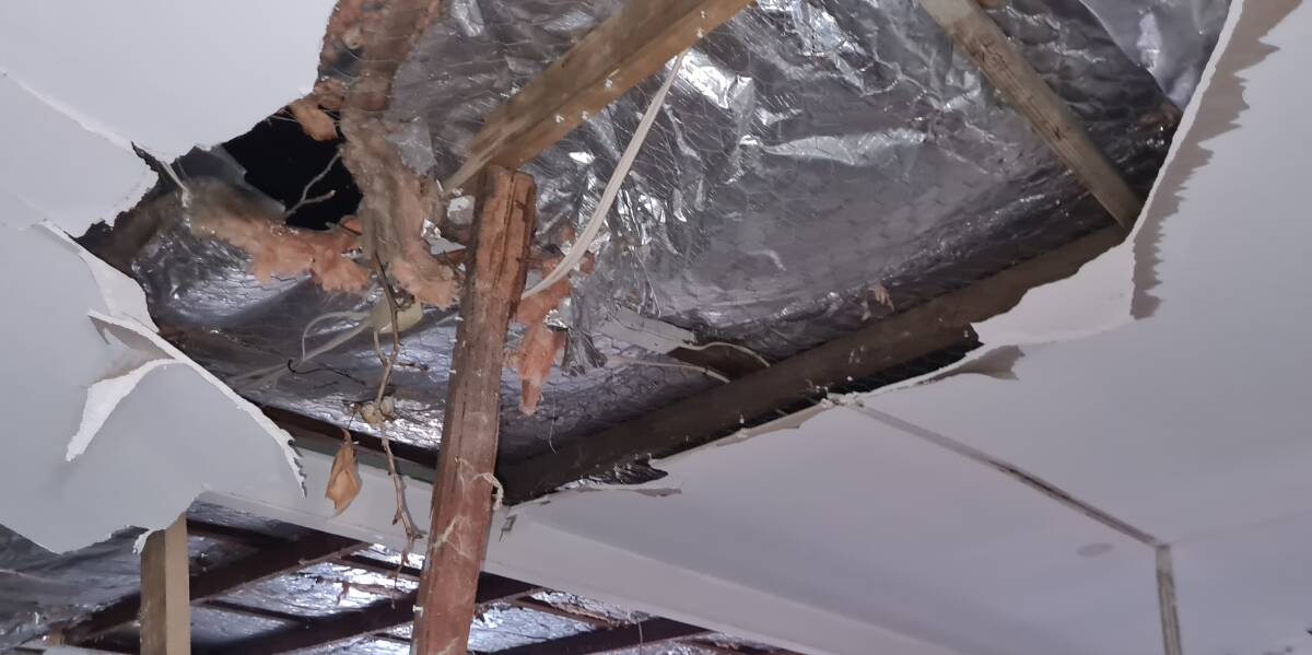 Collapse: Damage to the ceiling in the Basell's rental property. Photo: Supplied.