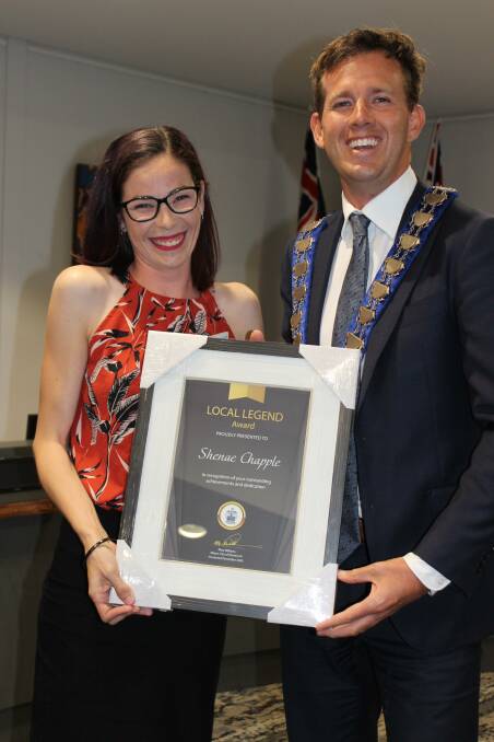 Supportive: Shenae Chapple receiving her Local Legends award from Mandurah mayor Rhys Williams. Photo: Supplied.