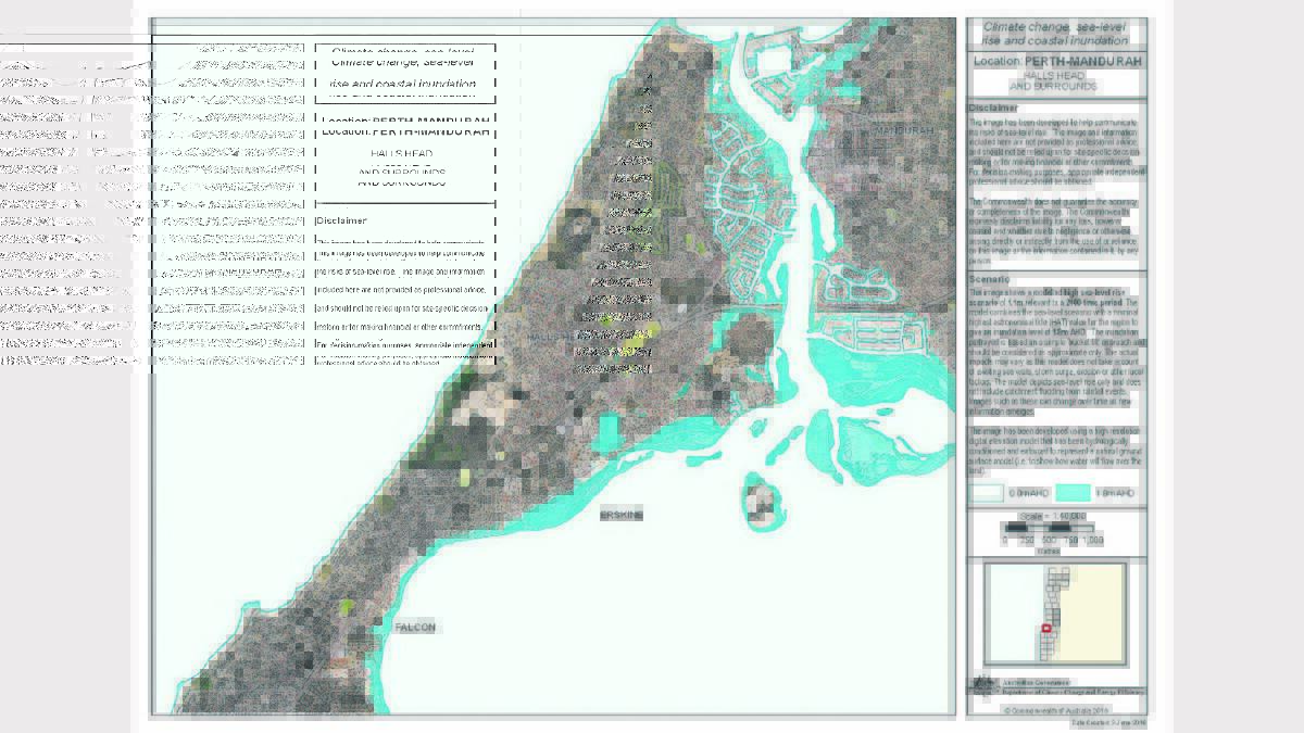 This is a modelling of the Mandurah/Murray areas expected to be underwater by the year 2100 if the sea level rises by 1.1m as predicted.  NOTE: Maps are based on a simple ‘bucket fill’ approach and should be considered as approximate only, source ozcoasts.gov.au. 