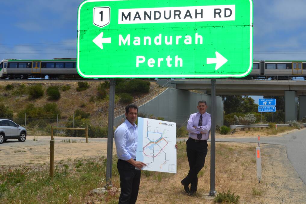 Member for Warnbro Paul Papalia and Opposition Transport Minister Ken Travers at the proposed Karnup train station site.