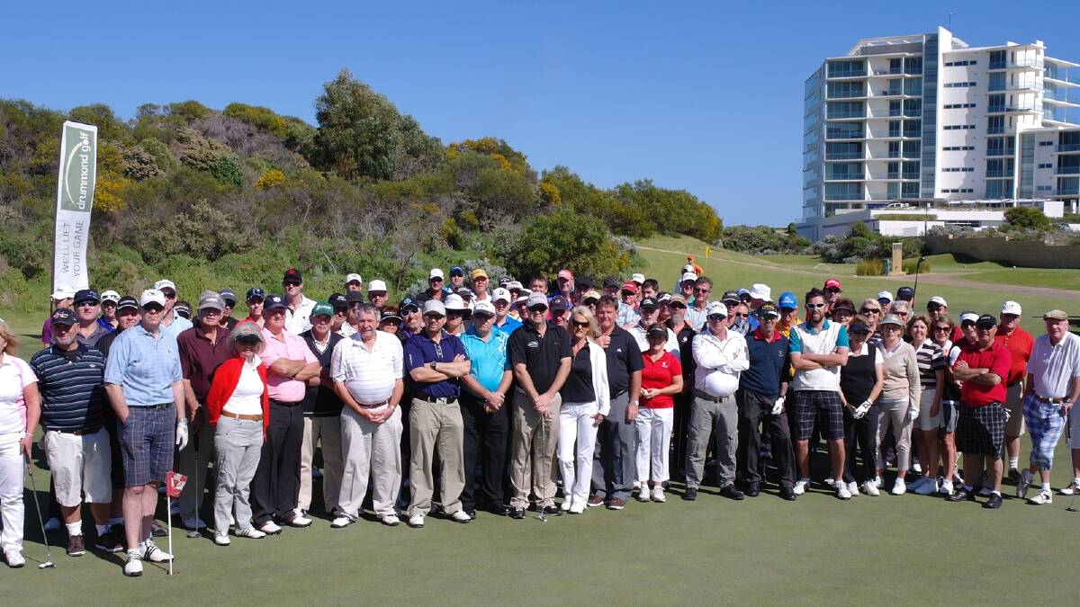 Drummond Golf Day players assemble for a briefing before play on Sunday at The Cut.