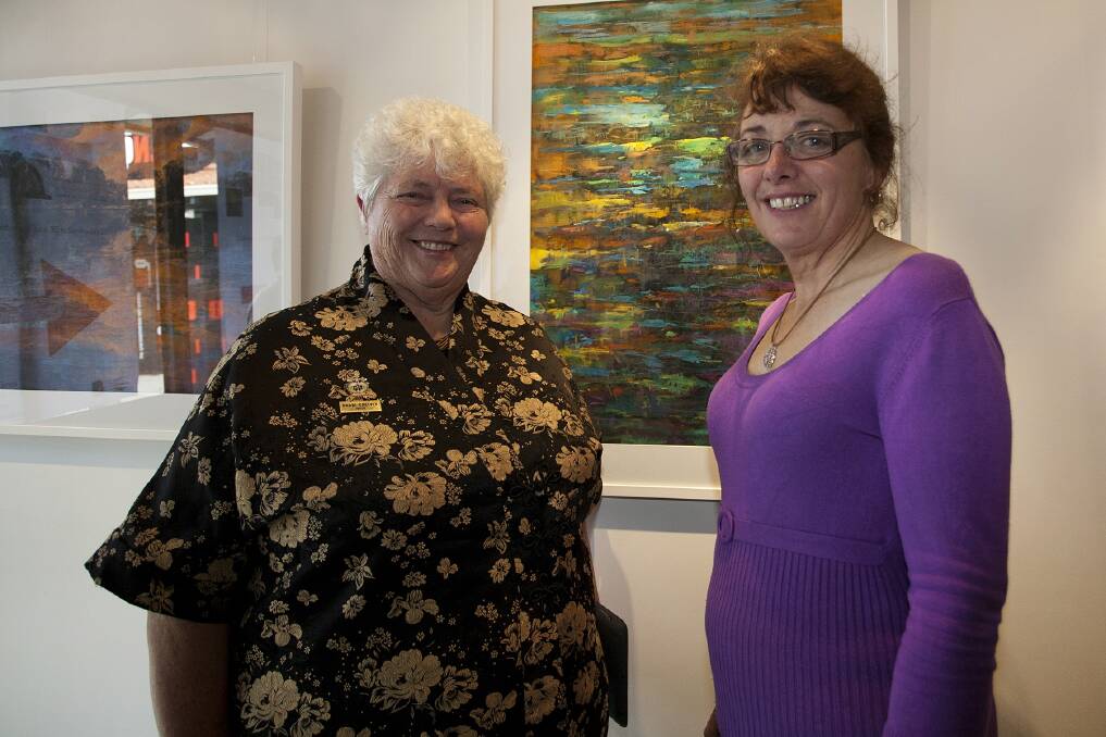 Mayor Paddi Creevey and artist Trudi Whitcher in front of Floating Shadows at INQB8.mandurah.